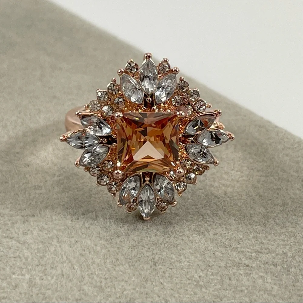 Ring Art Deco Champagne Diamond CZ Princess Cut Halo Gold Tone Plated Boho